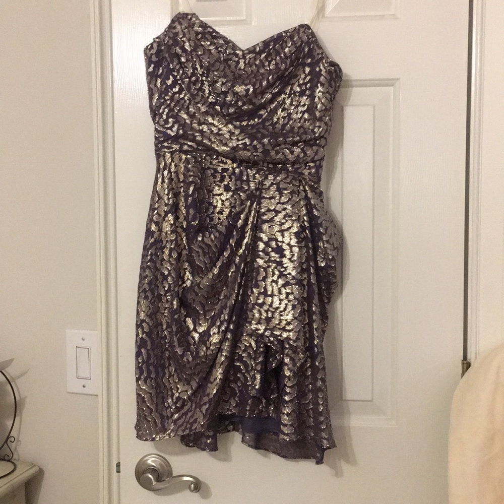 Pewter strapless metallic dress.